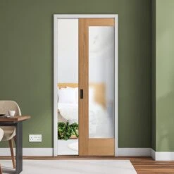 Oak Unfinished Pattern 10 1 Light Obscure Glass Framed 100mm Pocket Door Set (123213)