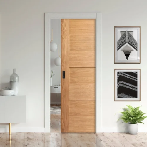 Oak Fully Finished Internal Edison 7 Panel Framed 100mm Pocket Door Set (123195)