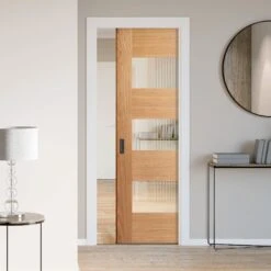 Oak Fully Finished Internal Edison 7 Panel 3 Light Glazed Framed 100mm Pocket Door Set (123194)