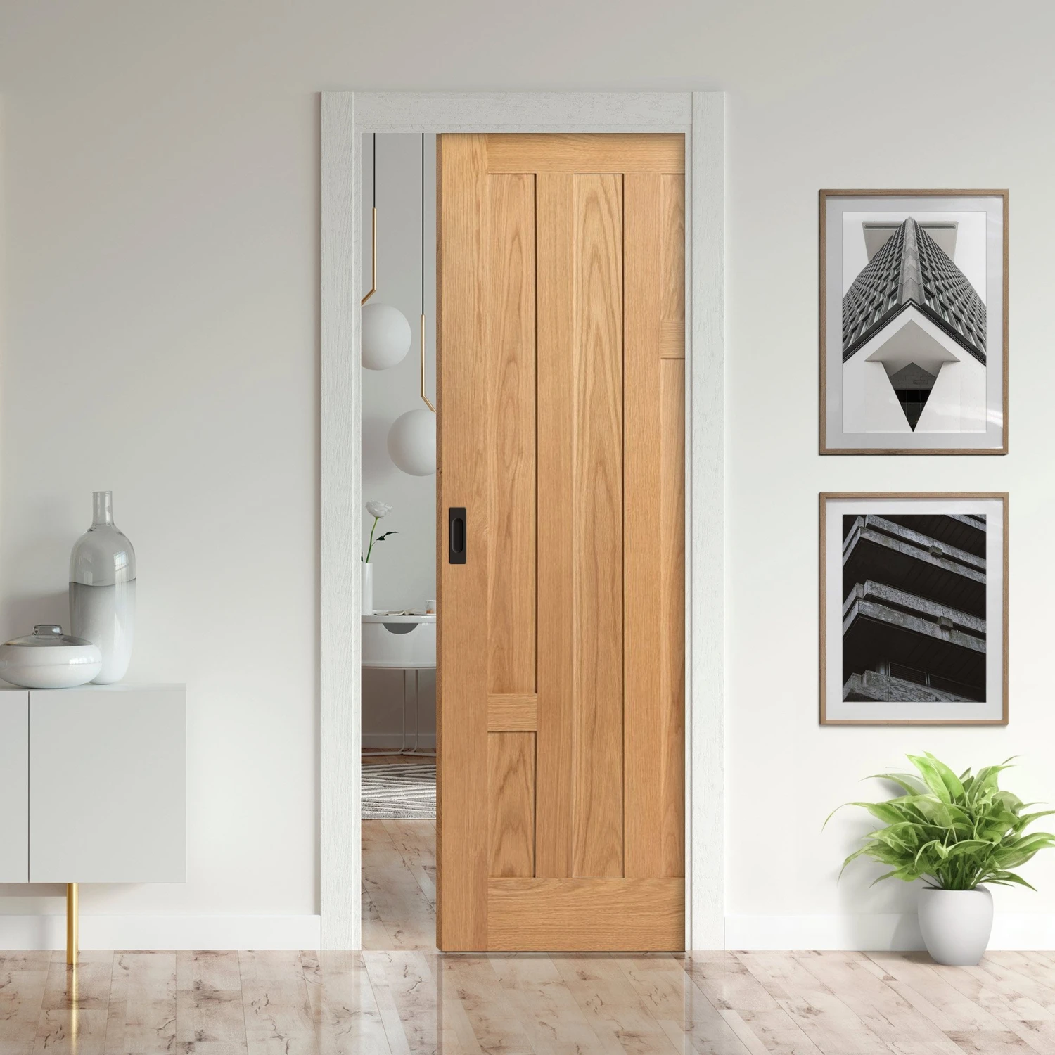 Oak Fully Finished Internal Stamford 5 Panel Framed 100mm Pocket Door Set (123203) 1 Oak Fully Finished Internal Stamford 5 Panel Framed 100mm Pocket Door Set (123203)
