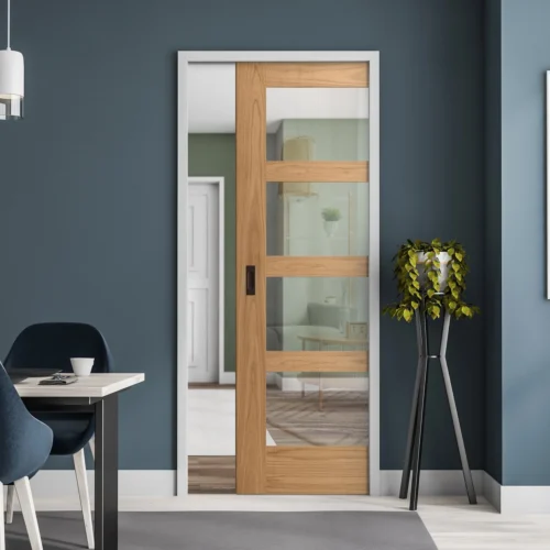 Oak Unfinished Shaker 4 Light Clear Glass Framed 100mm Pocket Door Set (123215)
