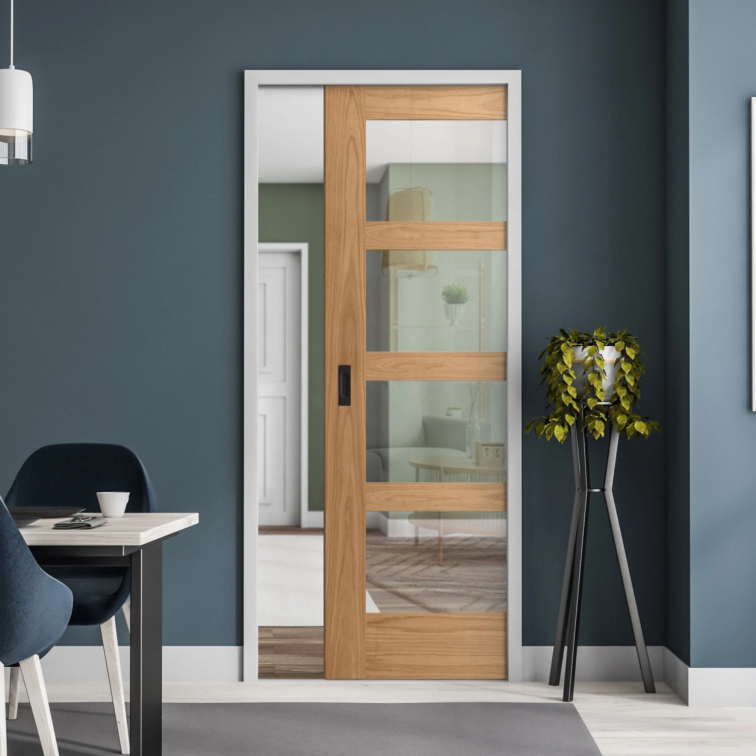 Oak Unfinished Shaker 4 Light Clear Glass Framed 100mm Pocket Door Set (123215) 1 Oak Unfinished Shaker 4 Light Clear Glass Framed 100mm Pocket Door Set (123215)