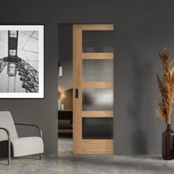 Oak Unfinished Shaker 4 Light Obscure Glass Framed 100mm Pocket Door Set (123216)