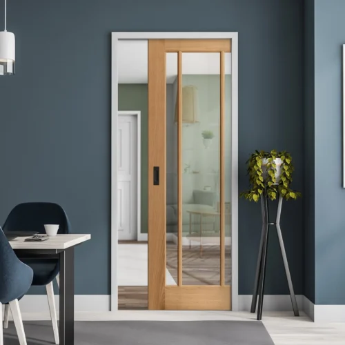 Oak Unfinished Toledo 3 Light Clear Glass Framed 100mm Pocket Door Set (123218)