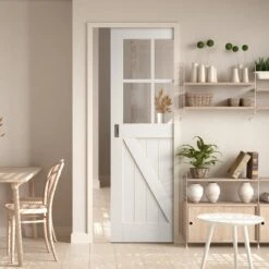 White Primed Internal Barn 4 Light Clear Glass FLB Framed 100mm Pocket Door Set (123240)