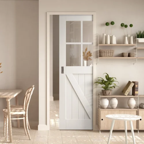 White Primed Internal Barn 4 Light Clear Glass FLB Framed 100mm Pocket Door Set (123240)