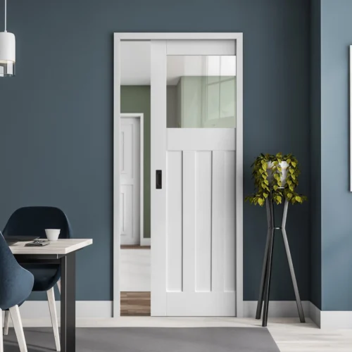 White Primed Internal DX 1930's Clear Glass Framed 100mm Pocket Door Set (123249)