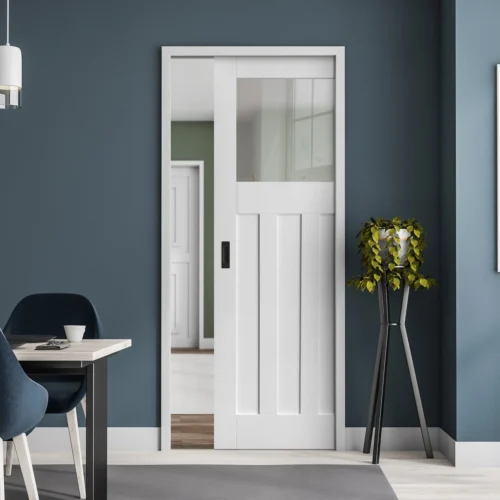 White Primed Internal 1930's DX 3 Panel 1 Light Obscure Glass Framed 100mm Pocket Door Set (123233)