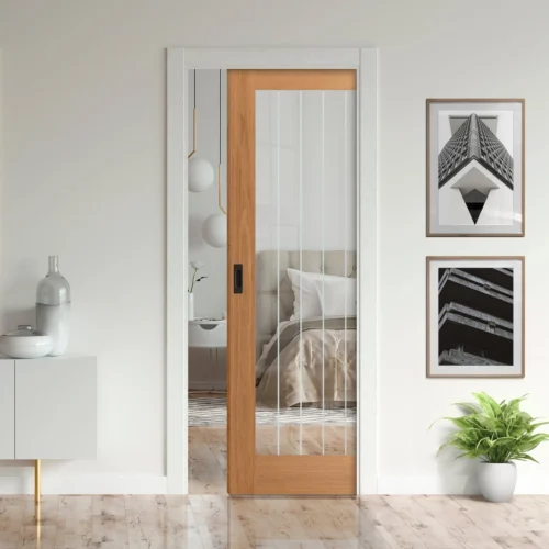 Oak Fully Finished Internal Farley 1 Light Obscure Lined Glazed Framed 100mm Pocket Door Set (123197)