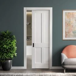 White Primed Internal Victorian Shaker 4 Panel Framed 100mm Pocket Door Set (123277)