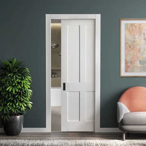 White Primed Internal Victorian Shaker 4 Panel Framed 100mm Pocket Door Set (123277)