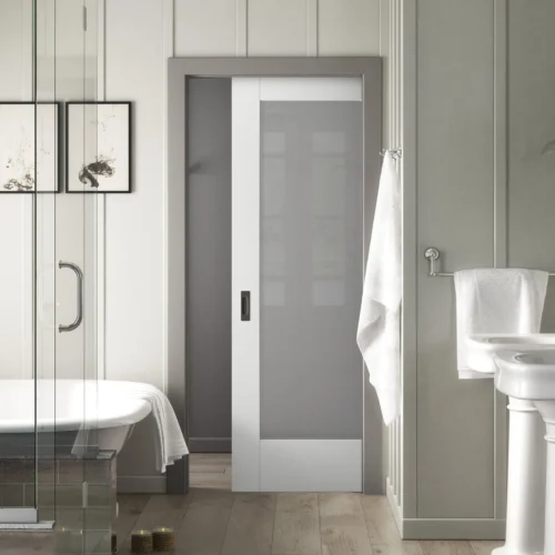 White Primed Internal Pattern 10 1 Light Obscure Glass Framed 100mm Pocket Door Set (123259)