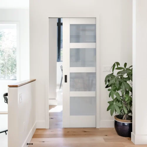 White Primed Internal Shaker 4 Light Obscure Glass Framed 100mm Pocket Door Set (123267)