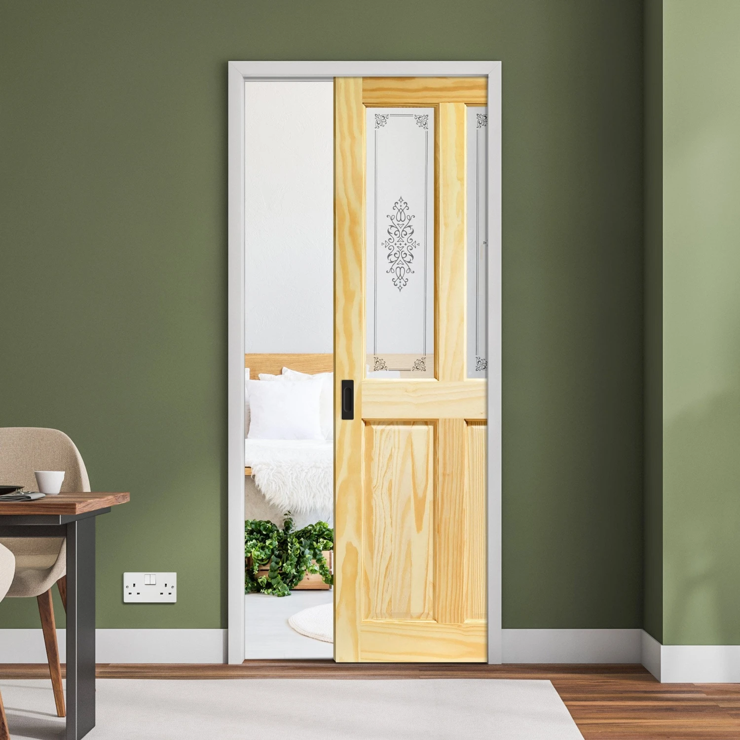 Clear Pine Unfinished Internal 2 Panel 2 Light Campion Glass Framed 100mm Pocket Door Set (123181) 1 Clear Pine Unfinished Internal 2 Panel 2 Light Campion Glass Framed 100mm Pocket Door Set (123181)