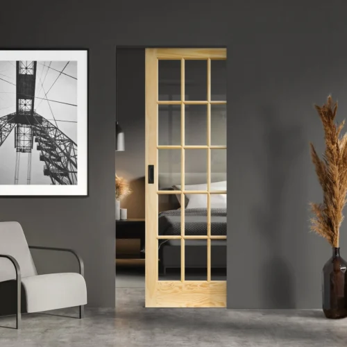 Clear Pine Unfinished Internal SA 15 Clear Glass Framed 100mm Pocket Door Set (123186)