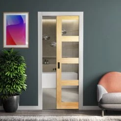 Clear Pine Unfinished Internal Shaker 4 Light Clear Glass Framed 100mm Pocket Door Set (123189)