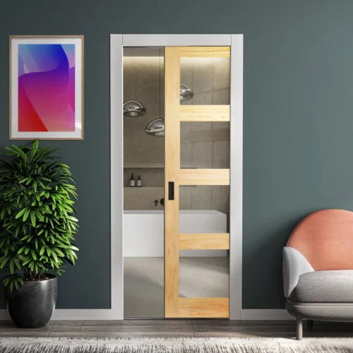 Clear Pine Unfinished Internal Shaker 4 Light Clear Glass Framed 100mm Pocket Door Set (123189)