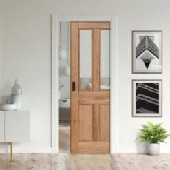 Rustic Oak Fully Finished Internal Malton 4 Panel Glazed Framed 100mm Pocket Door Set (123191)