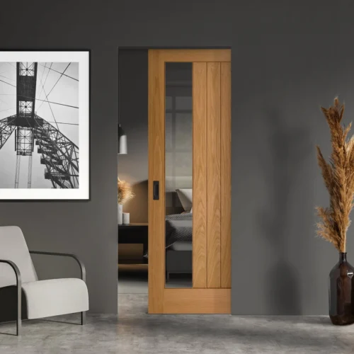 Oak Fully Finished Internal Farley 1 Light Clear Offset Glass Framed 100mm Pocket Door Set (123196)