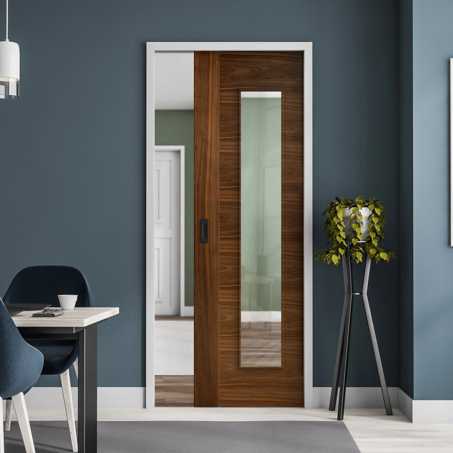 Walnut Fully Finished Internal Milano 1 Light Clear Glass Framed 100mm Pocket Door Set (123229) 1 Walnut Fully Finished Internal Milano 1 Light Clear Glass Framed 100mm Pocket Door Set (123229)