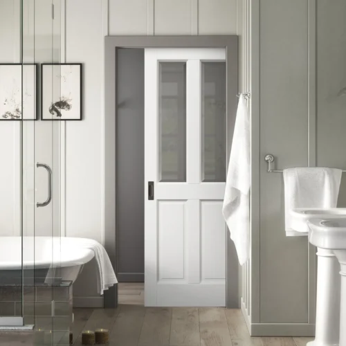 White Primed Internal Berkeley 4 Panel 2 Light Bevelled Glazed Framed 100mm Pocket Door Set (123242)