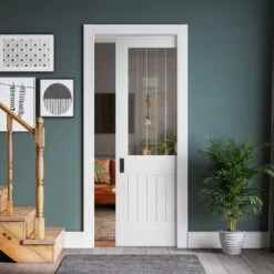 White Primed Internal Cottage 1 Light Etched Lined Clear Glass Framed 100mm Pocket Door Set (123246)
