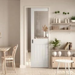 White Primed Internal Cottage 1 Panel 1 Light Clear Glass Framed 100mm Pocket Door Set (123247)