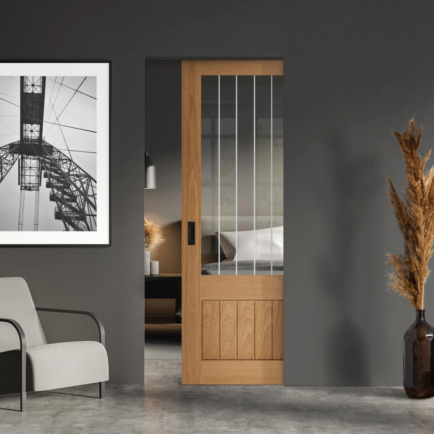 Oak Fully Finished Internal Farley 1 Panel 1 Light Obscure Lined Glazed Framed 100mm Pocket Door Set (123198) 1 Oak Fully Finished Internal Farley 1 Panel 1 Light Obscure Lined Glazed Framed 100mm Pocket Door Set (123198)