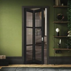 Jet Black Internal Fully Finished Industrial Studio 3 Light Clear Glass Bi-fold Door (124499)