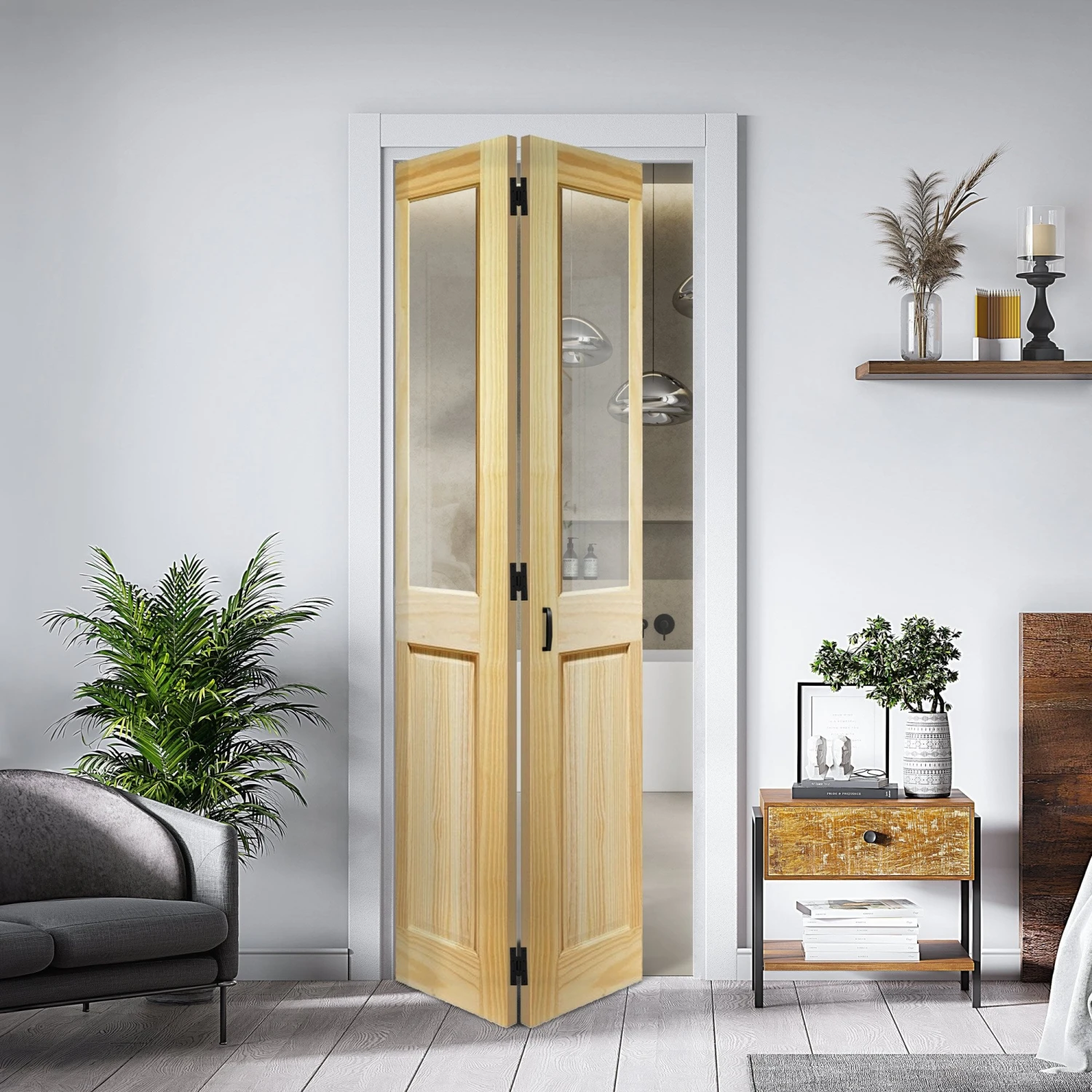 Clear Pine Internal Unfinished Malton 4 Panel 2 Light Clear Glass Bi-Fold Door (116648) 1 Clear Pine Internal Unfinished Malton 4 Panel 2 Light Clear Glass Bi-Fold Door (116648)