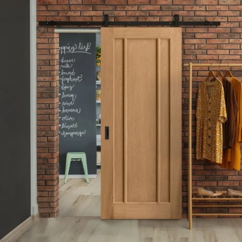 Oak Internal Unfinished Toledo 3 Panel Sliding Door - Black Top Mounted (120671)