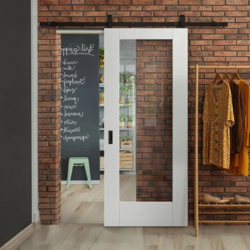 White Primed Internal Pattern 10 1 Light Clear Glass Sliding Door - Black Top Mounted (120716)