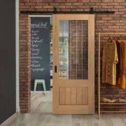 Oak Internal Unfinished Farley 1 Panel 1 Light Obscure Lined Clear Glass Sliding Door - Black Top Mounted (120660)