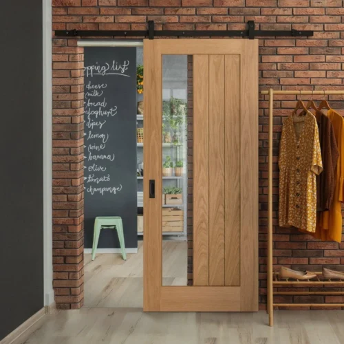 Oak Internal Unfinished Farley 1 Light Clear Offset Glass Sliding Door - Black Top Mounted (120740)