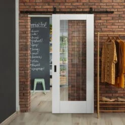 White Primed Internal Cottage 1 Light Clear Glass With Obscure Lines Sliding Door - Black Top Mounted (120867)