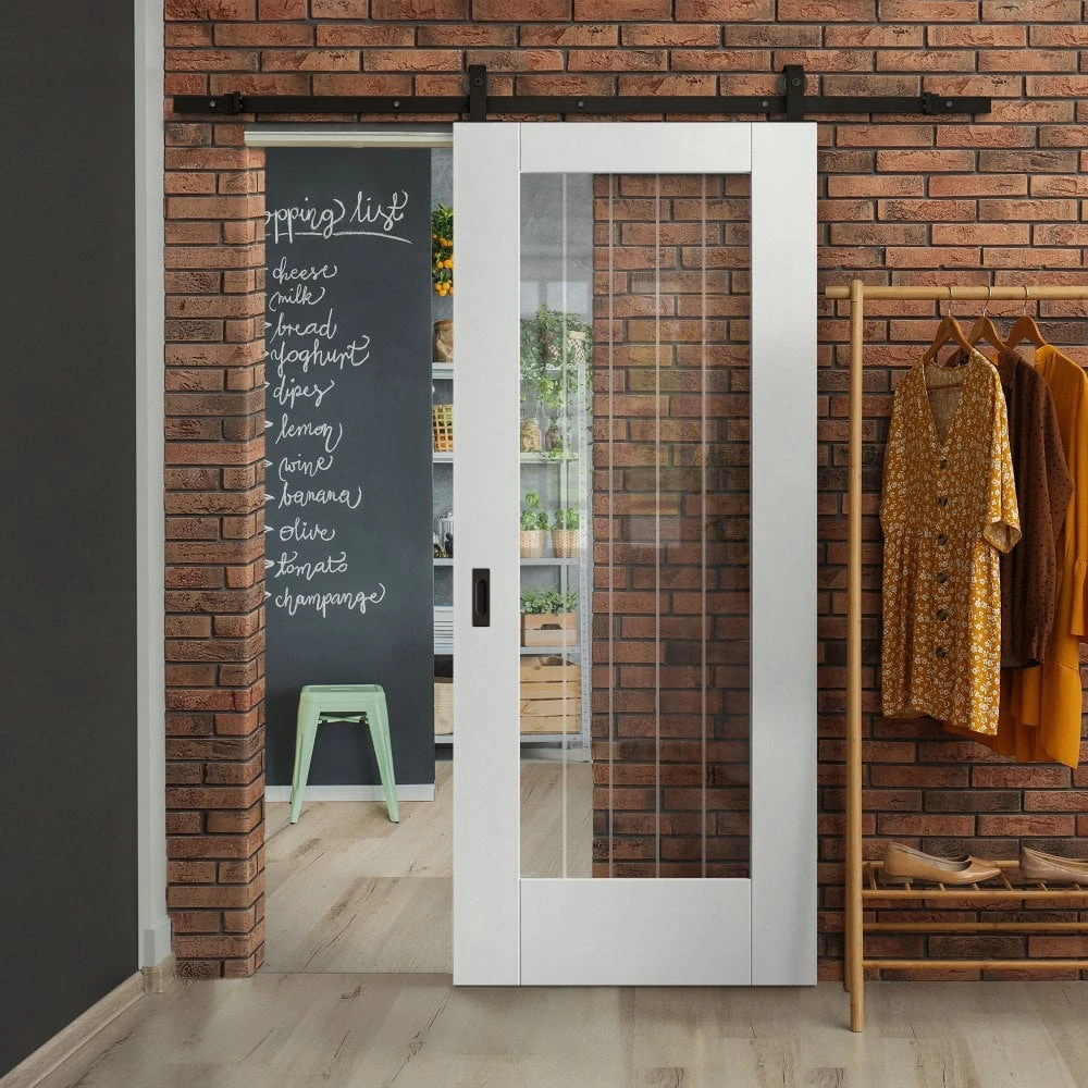 White Primed Internal Cottage 1 Light Clear Glass With Obscure Lines Sliding Door - Black Top Mounted (120867) 1 White Primed Internal Cottage 1 Light Clear Glass With Obscure Lines Sliding Door - Black Top Mounted (120867)