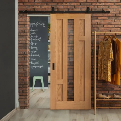 Oak Internal Fully Finished Stamford 4 Panel 1 Light Clear Glass Sliding Door - Black Top Mounted (120746)