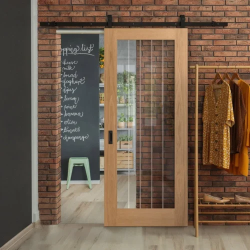 Oak Internal Unfinished Farley 1 Light Obscure Lined Clear Glass Sliding Door - Black Top Mounted (120741)