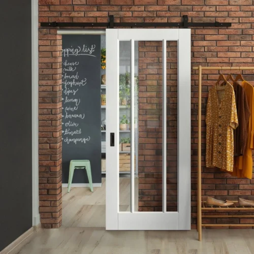 White Primed Internal Toledo 3 Light Clear Glass Sliding Door - Black Top Mounted (120763)