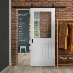 White Primed Internal Cottage 1 Panel 1 Light Clear Glass Sliding Door - Black Top Mounted (120705)