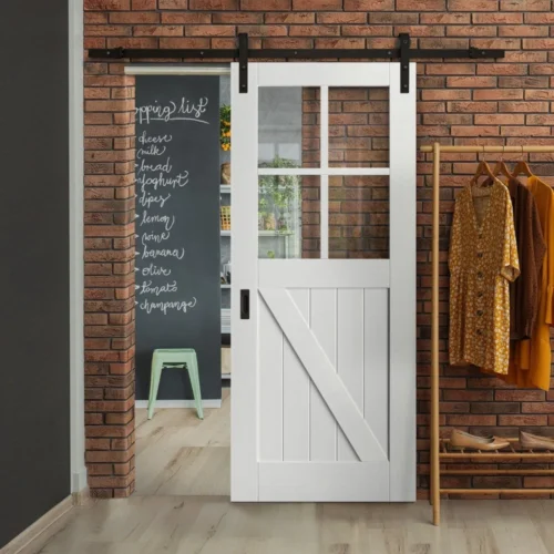 White Internal Primed Barn 4 Light Clear Glass FLB Sliding Door - Black Face Mounted (119976)