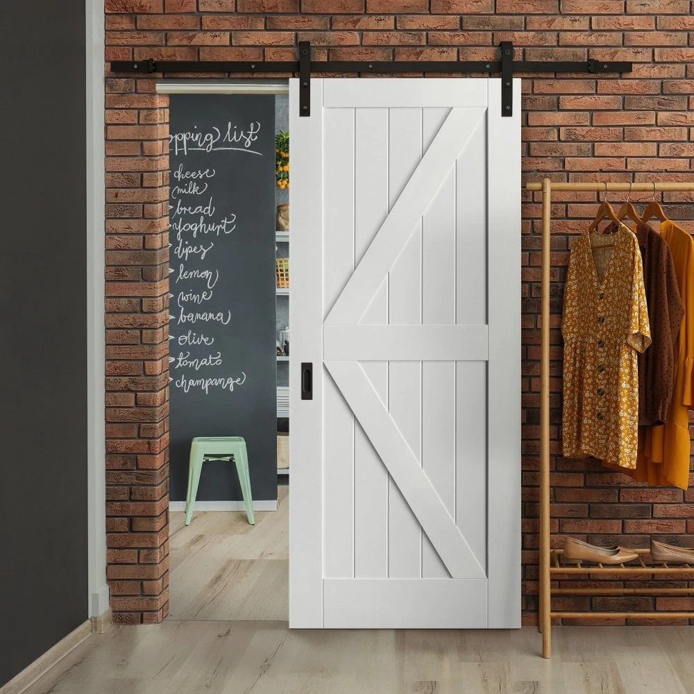 White Internal Primed Barn FLB Sliding Door - Black Face Mounted (119977) 1 White Internal Primed Barn FLB Sliding Door - Black Face Mounted (119977)