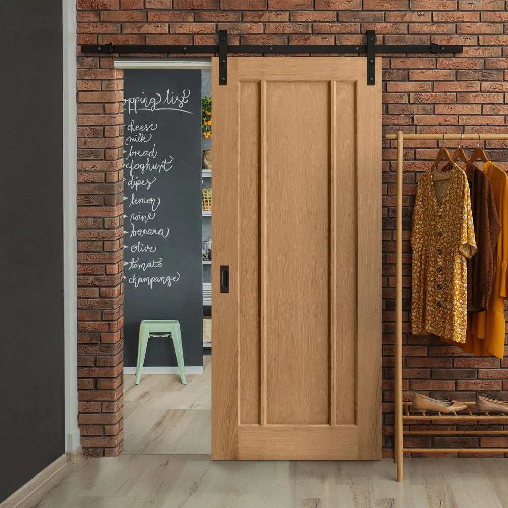 Oak Internal Unfinished Toledo 3 Panel Sliding Door - Black Face Mounted (119952) 1 Oak Internal Unfinished Toledo 3 Panel Sliding Door - Black Face Mounted (119952)