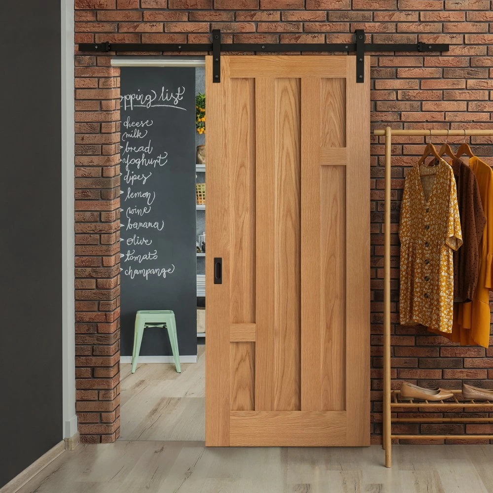 Oak Internal Fully Finished Stamford 5 Panel Sliding Door - Black Face Mounted (119939) 1 Oak Internal Fully Finished Stamford 5 Panel Sliding Door - Black Face Mounted (119939)