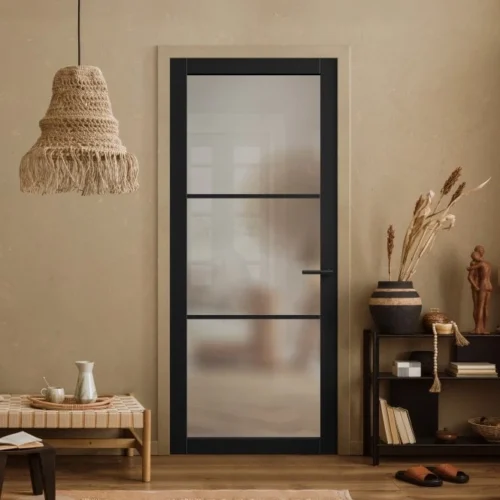 Jet Black Internal Fully Finished Industrial Studio 3 Light Obscure Glass Made-to-Measure Door (120537)