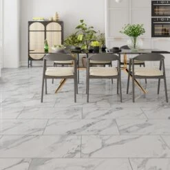 White Gloss Marble - Luxe Vision Pre-Grouted 5.5mm Stone Embossed UV Coated Rigid Core Vinyl Flooring (123035)