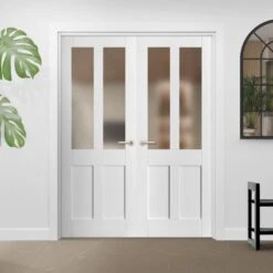 Internal White Primed Victorian 2 Panel 2 Light Obscure Glass Pair Door (121439)