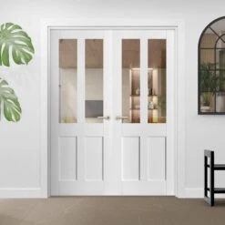 Internal White Primed Victorian 2 Panel 2 Light Clear Glass Pair Door (121438)