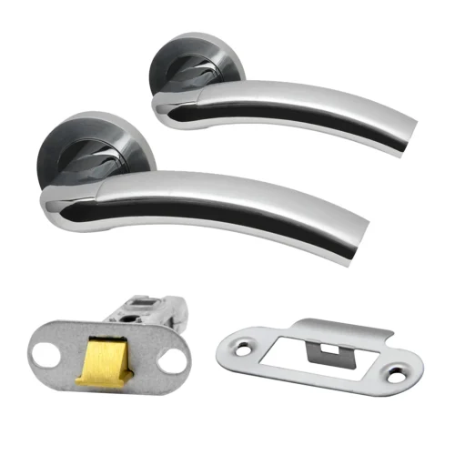 Premium Fire Rated Jade Lever On Radius Corner Rose Fire Rated Latch Handle Set - Two-Tone Chrome (124372)