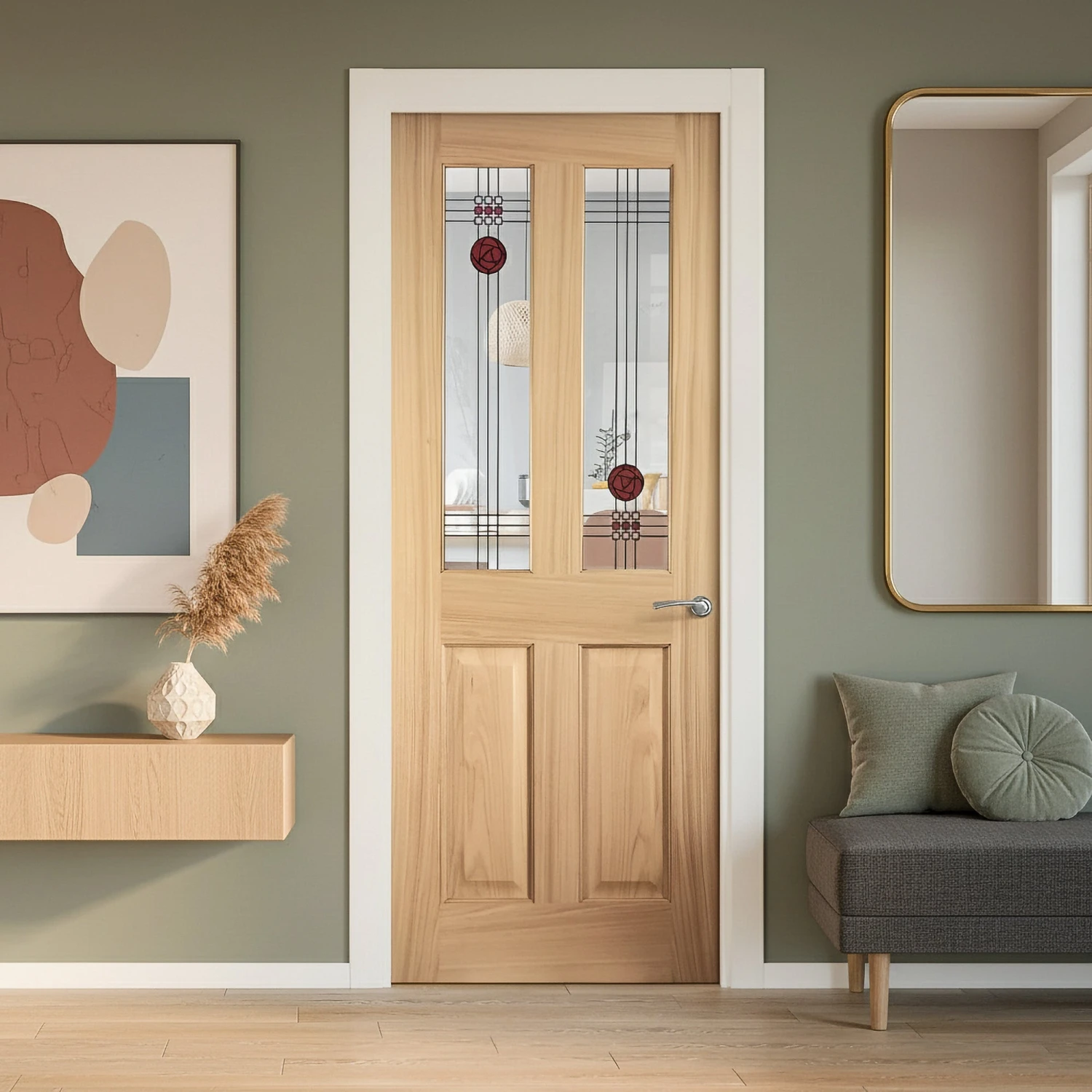 Oak Internal Fully Finished Mackintosh 2 Light Clear And Stained Glass Door (LIBMACK2L) 1 Oak Internal Fully Finished Mackintosh 2 Light Clear And Stained Glass Door (LIBMACK2L)